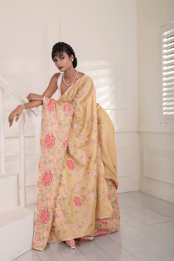 Beige Pure Tussar Silk all over embroidered scalloped Border Saree