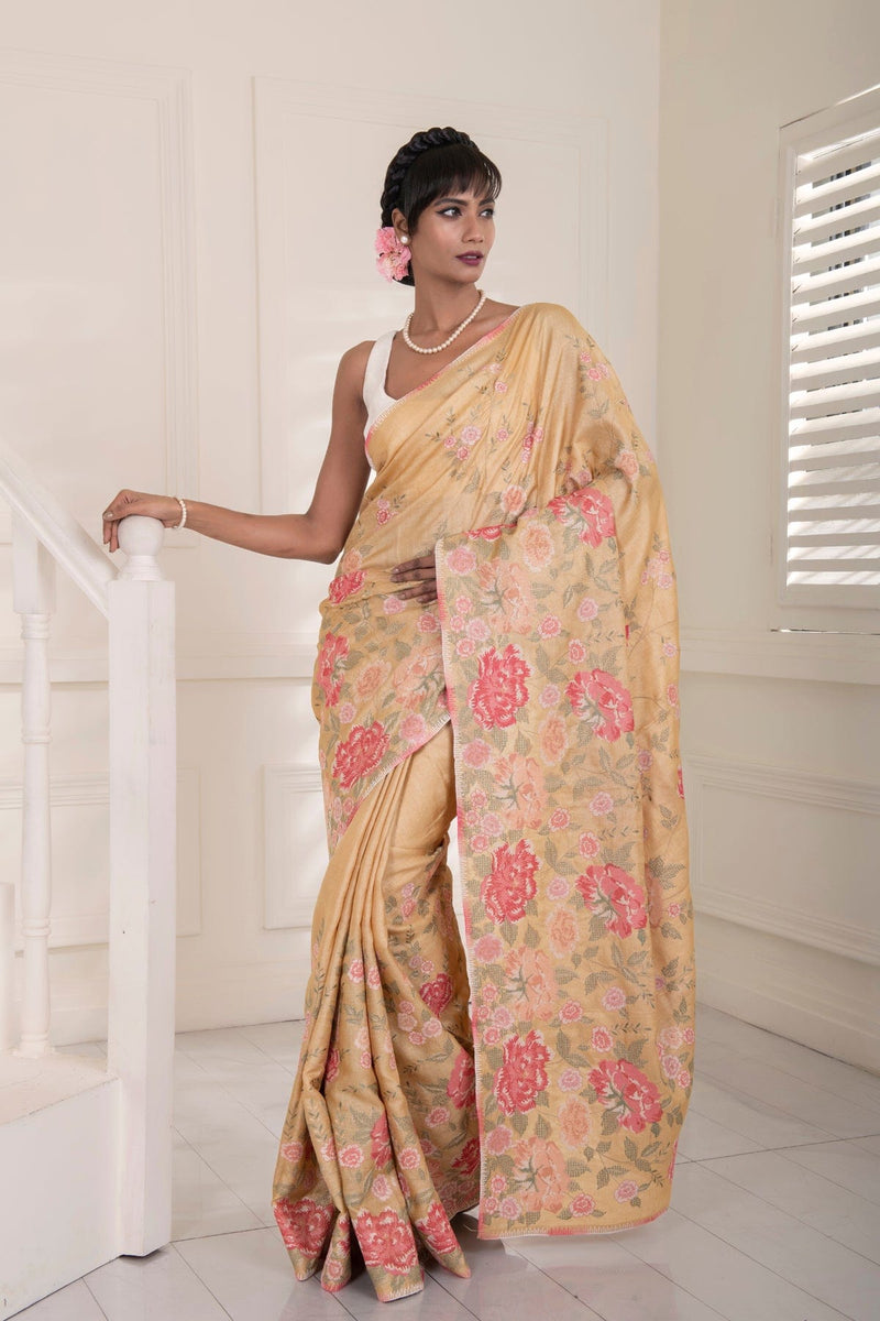 Beige Pure Tussar Silk all over embroidered scalloped Border Saree