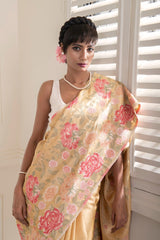 Beige Pure Tussar Silk all over embroidered scalloped Border Saree