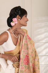 Beige Pure Tussar Silk all over embroidered scalloped Border Saree
