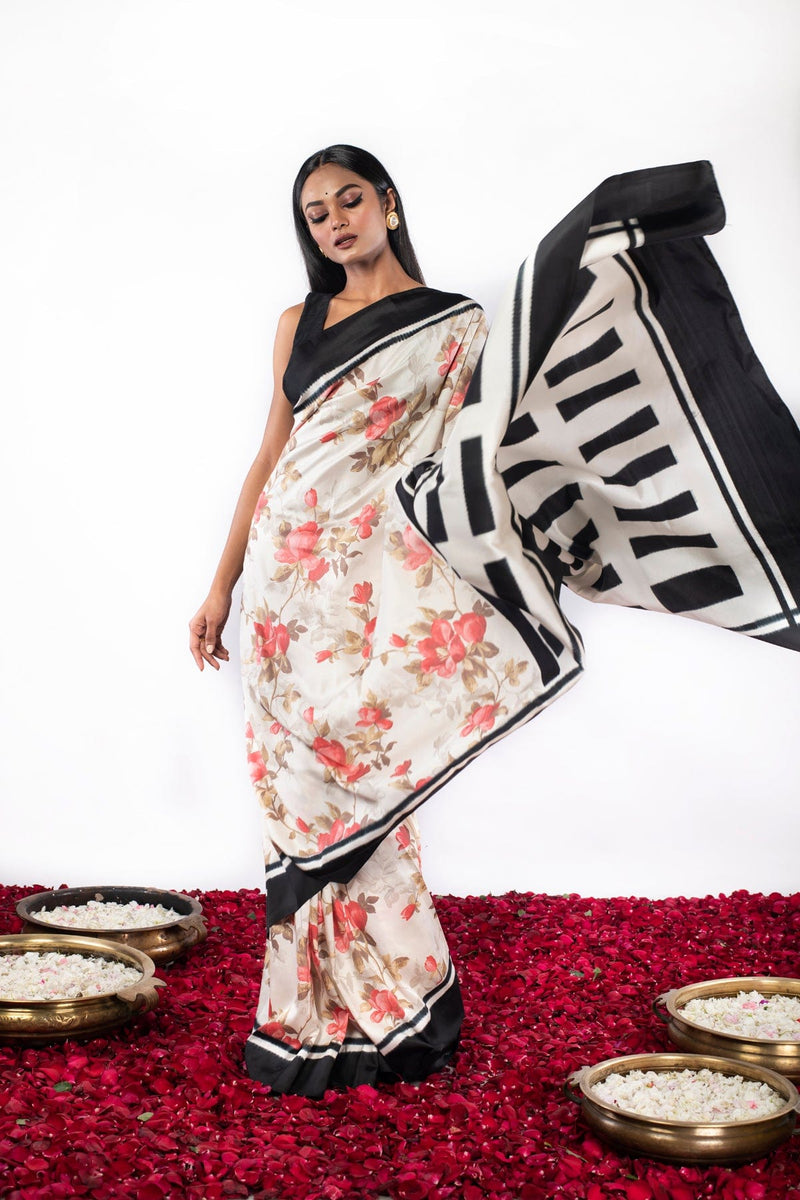 Black and white Floral Printed contemporary Handwoven Ikat Silk