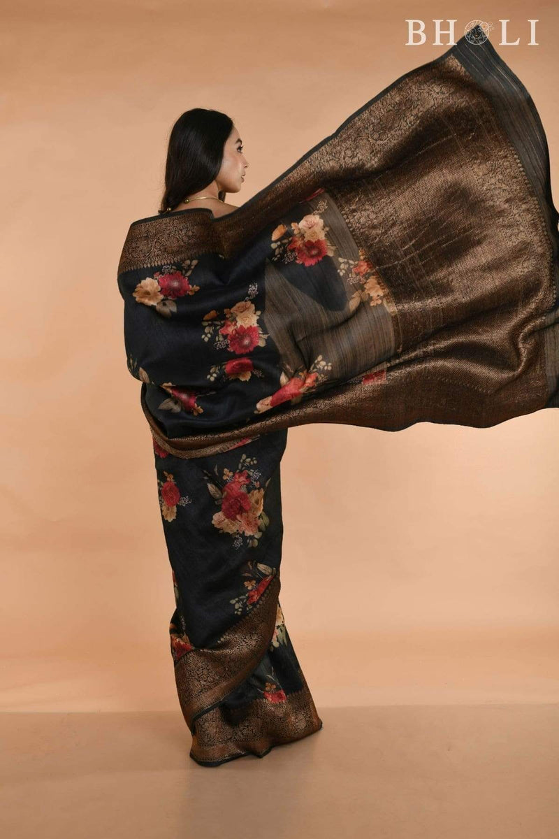Black Handwoven floral printed Tussar silk Banarasi with Antique Zari