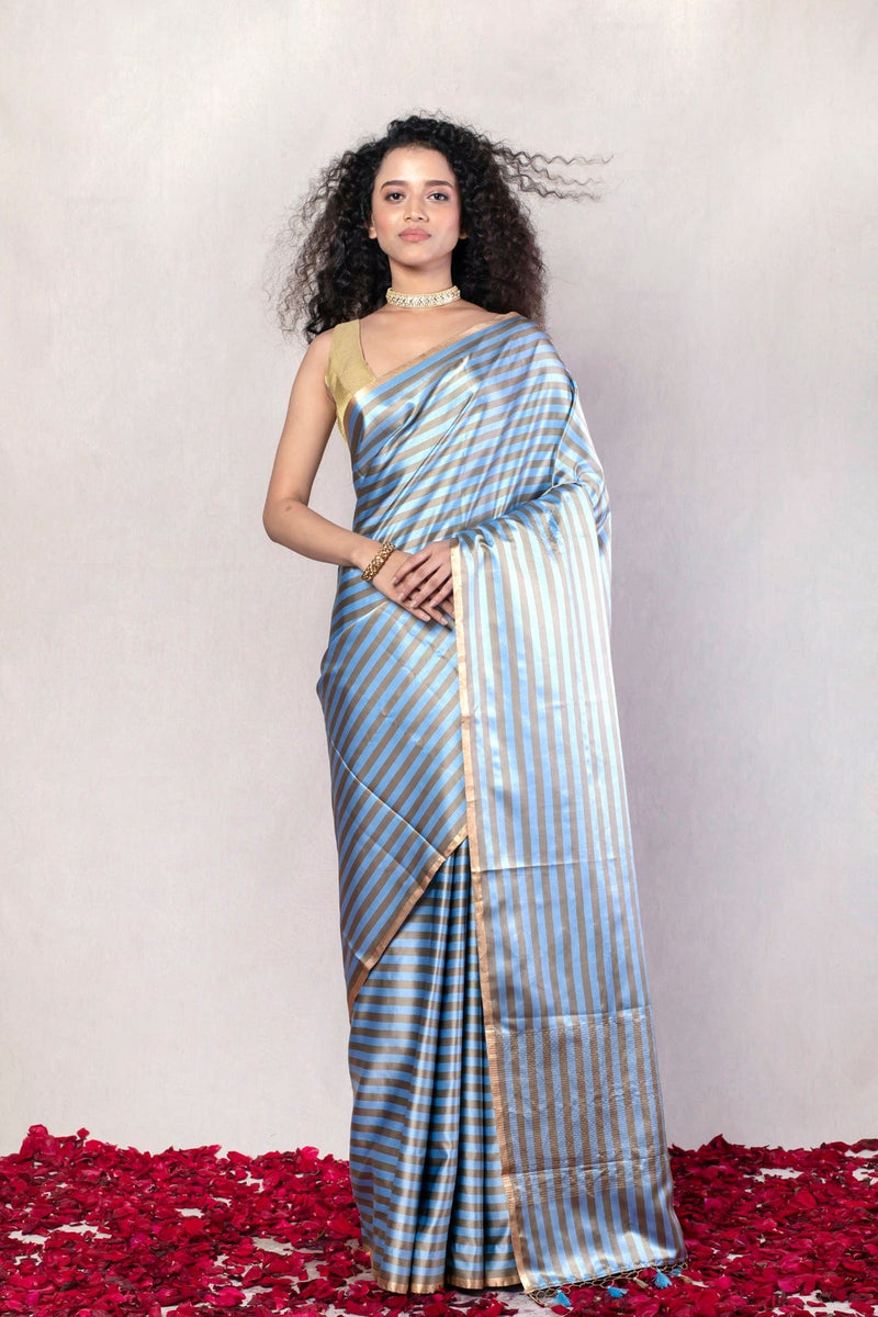 Blue Handwoven Striped Pure Katan Silk Mashru Banarasi Saree