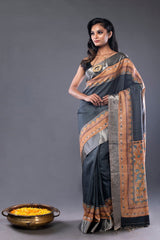 Charcoal Black Handwoven Tussar Silk with silver zari border and Printed Kalamkari inspired Pallu