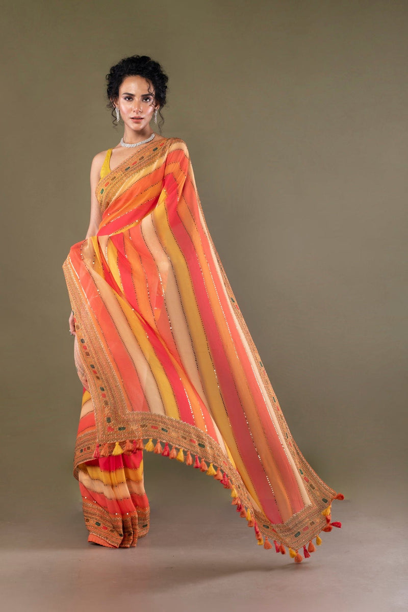 Designer orange Striped Georgette silk saree embellished with stones and mirrors