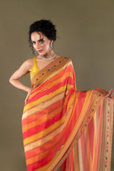 Designer orange Striped Georgette silk saree embellished with stones and mirrors