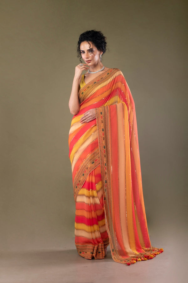 Designer orange Striped Georgette silk saree embellished with stones and mirrors