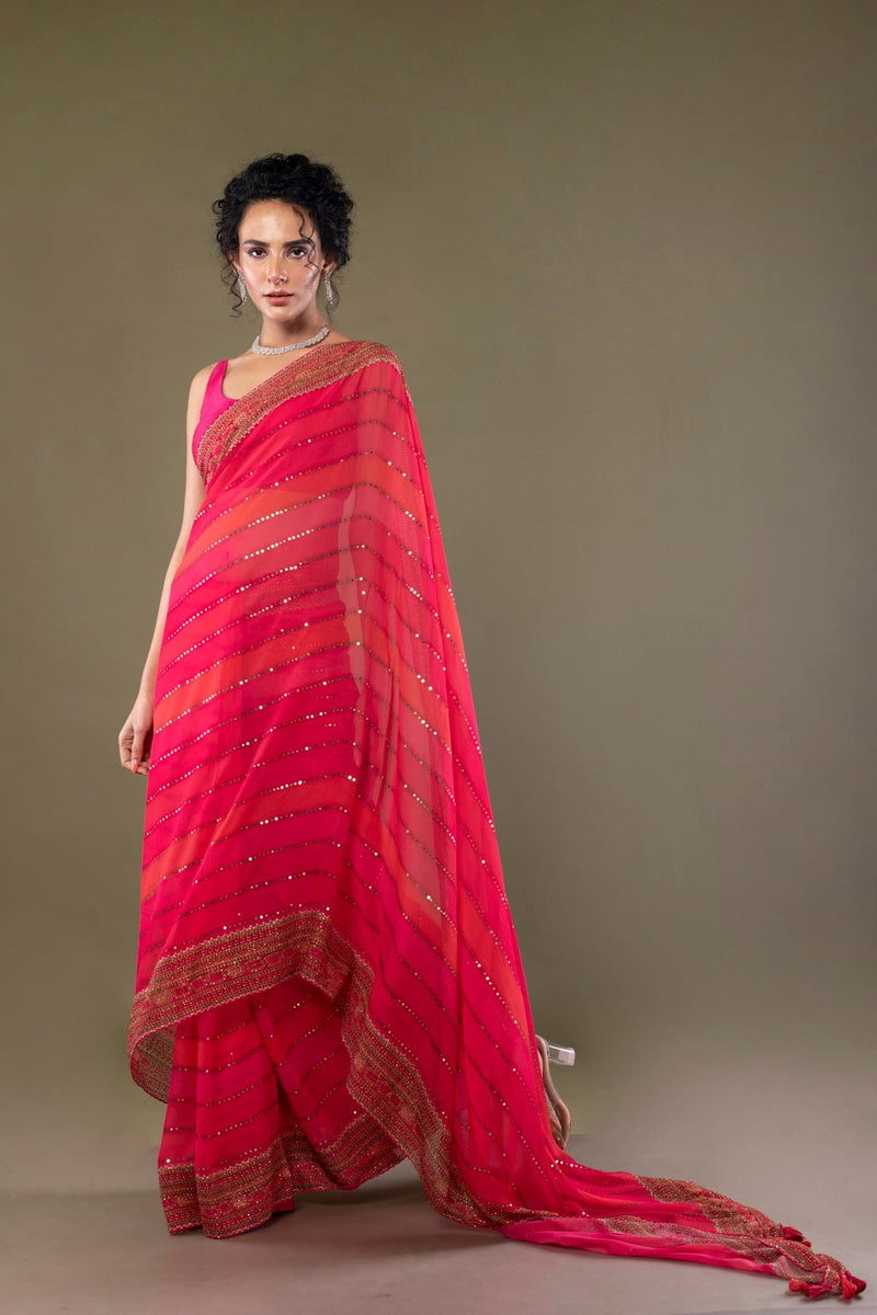 Designer Striped Georgette silk saree embellished with stones and mirrors