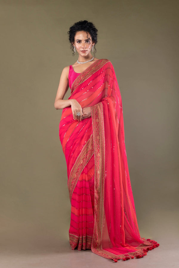 Designer Striped Georgette silk saree embellished with stones and mirrors