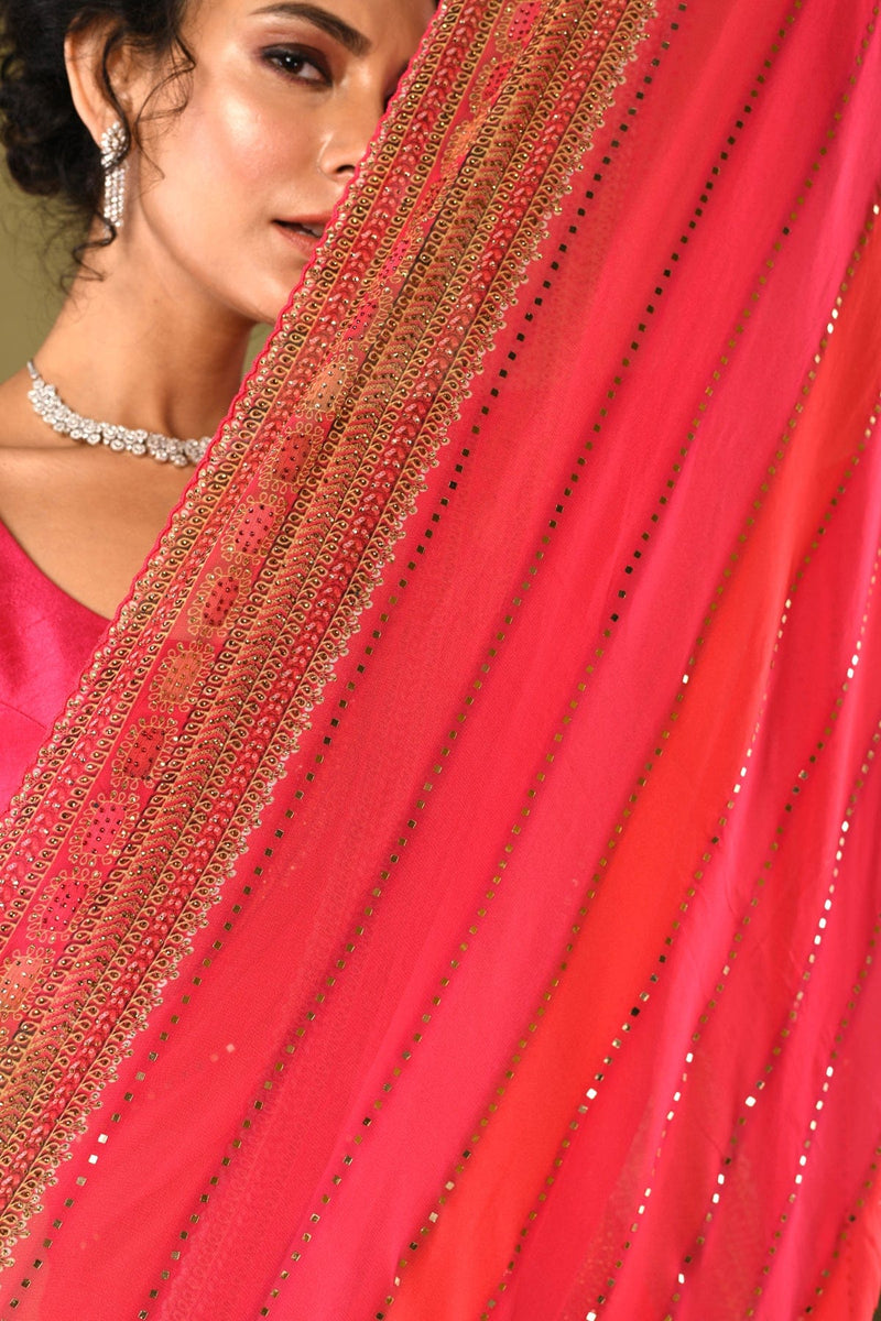 Designer Striped Georgette silk saree embellished with stones and mirrors