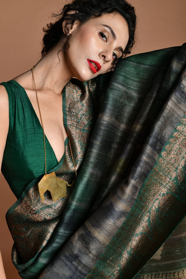 Emerald green Handwoven floral printed Tussar silk Banarasi