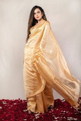 Gold-ish Peach Handwoven Pure Tissue Silk Striped Chanderi saree