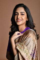 Gray Handwoven floral printed Tussar silk Banarasi