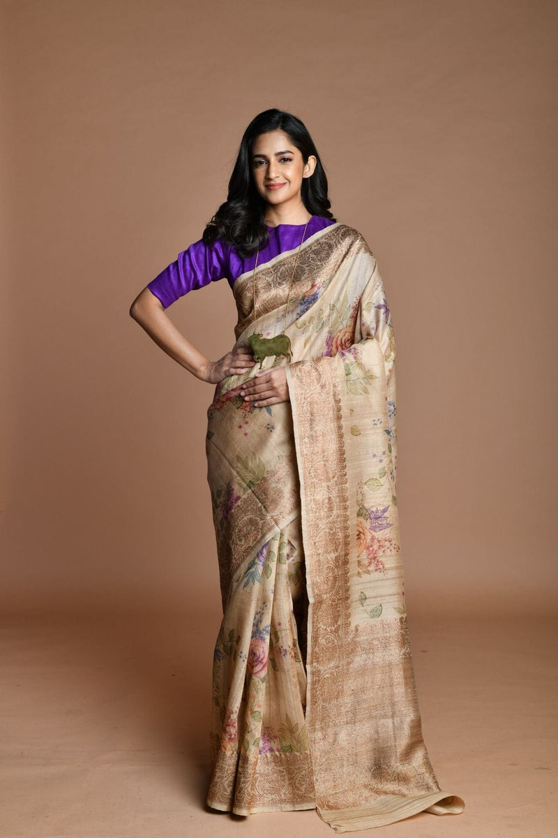 Gray Handwoven floral printed Tussar silk Banarasi