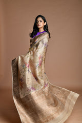 Gray Handwoven floral printed Tussar silk Banarasi
