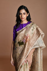 Gray Handwoven floral printed Tussar silk Banarasi