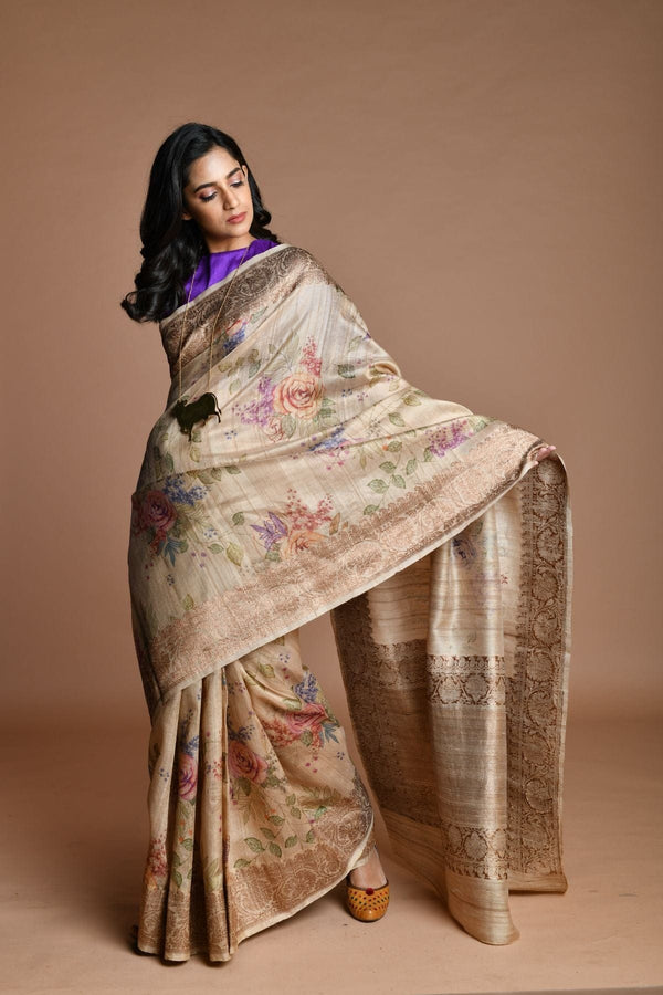 Gray Handwoven floral printed Tussar silk Banarasi