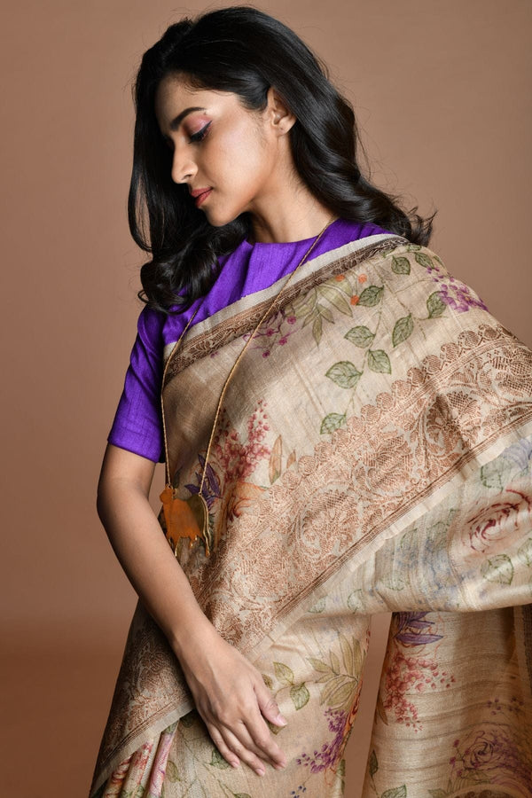 Gray Handwoven floral printed Tussar silk Banarasi
