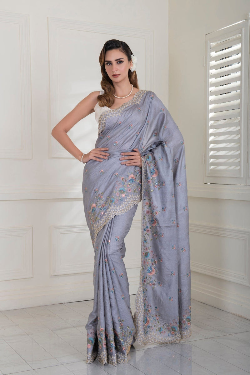 Gray-ish Blue Pure Tussar Silk all over embroidered scalloped Border Saree