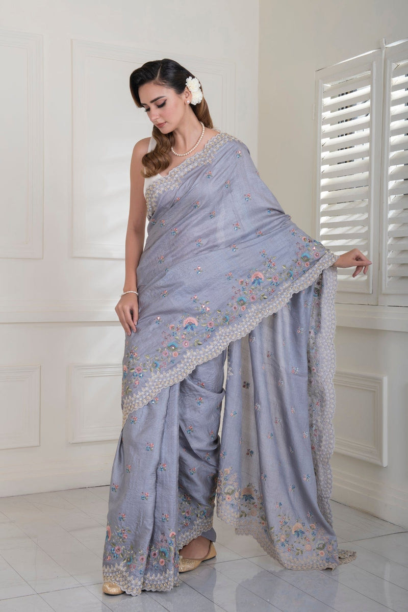 Gray-ish Blue Pure Tussar Silk all over embroidered scalloped Border Saree