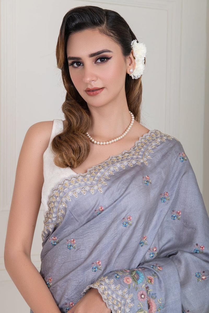 Gray-ish Blue Pure Tussar Silk all over embroidered scalloped Border Saree