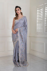 Gray-ish Blue Pure Tussar Silk all over embroidered scalloped Border Saree