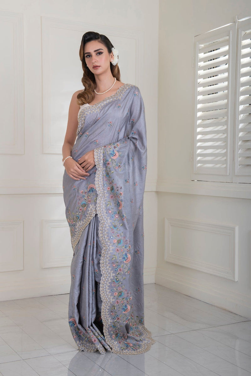 Gray-ish Blue Pure Tussar Silk all over embroidered scalloped Border Saree