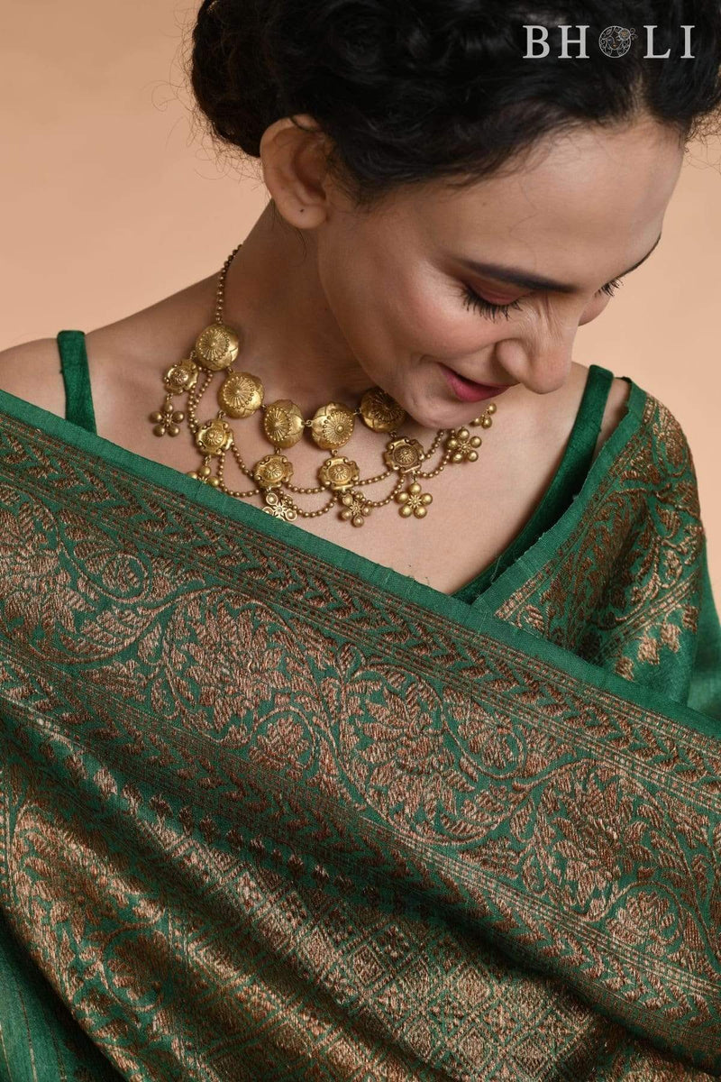 Green Handwoven Floral printed Tussar silk Banarasi