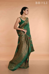 Green Handwoven Floral printed Tussar silk Banarasi