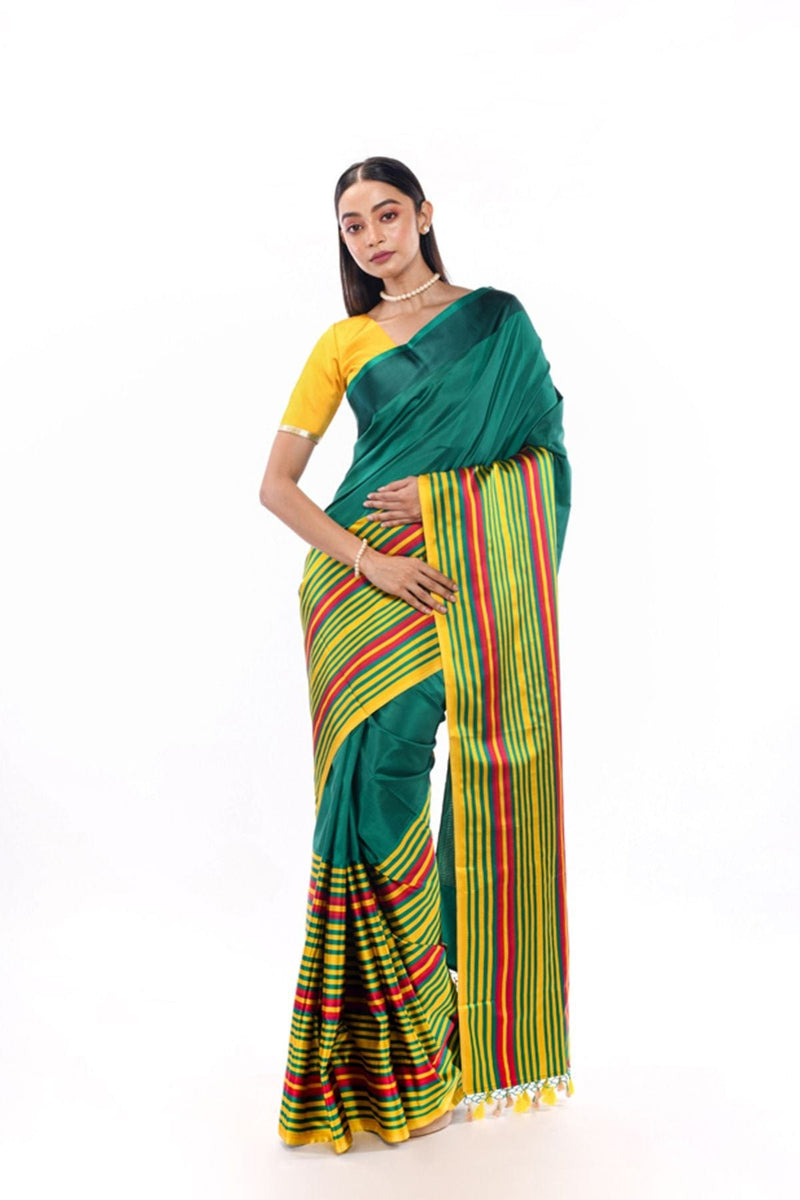 Green Handwoven half and half Pure Katan Silk Striped Mashru Banarasi Saree