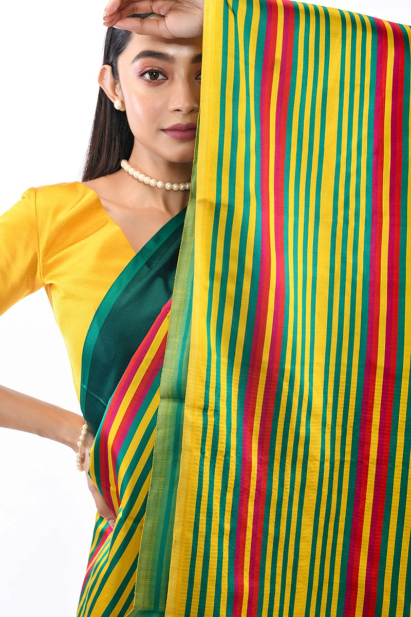 Green Handwoven half and half Pure Katan Silk Striped Mashru Banarasi Saree