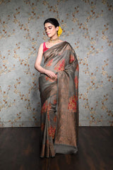 handwoven Gray Floral Printed Tussar Silk Banarasi