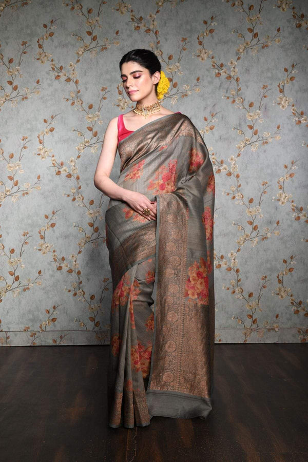 handwoven Gray Floral Printed Tussar Silk Banarasi