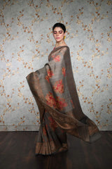 handwoven Gray Floral Printed Tussar Silk Banarasi