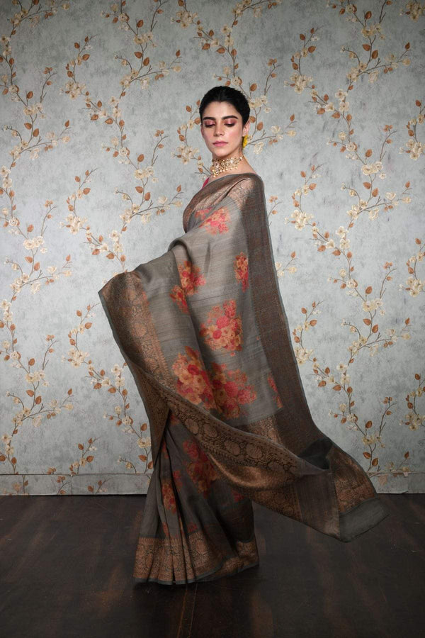 handwoven Gray Floral Printed Tussar Silk Banarasi