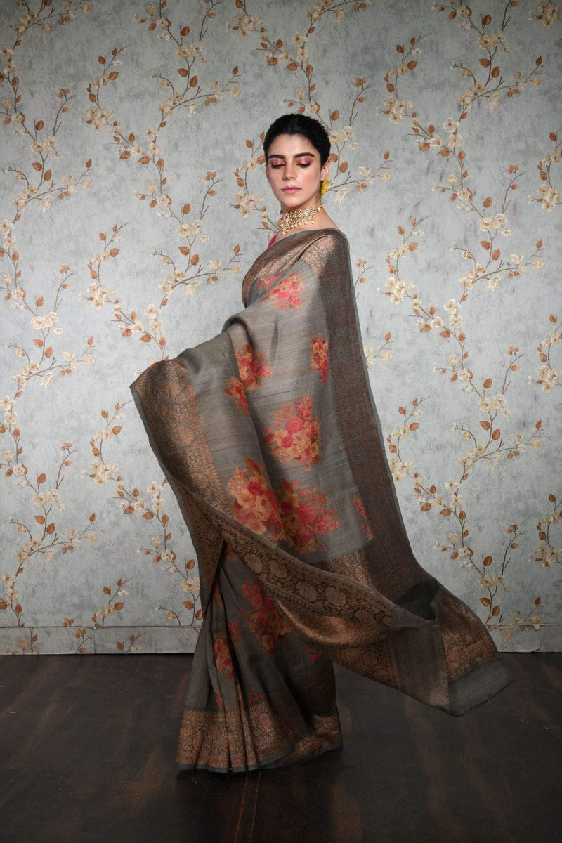 handwoven Gray Floral Printed Tussar Silk Banarasi