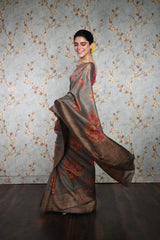 handwoven Gray Floral Printed Tussar Silk Banarasi