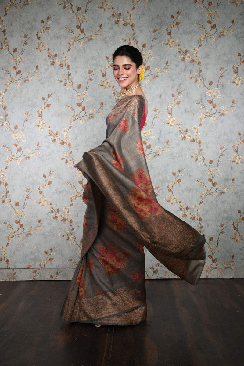 handwoven Gray Floral Printed Tussar Silk Banarasi