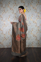 handwoven Gray Floral Printed Tussar Silk Banarasi