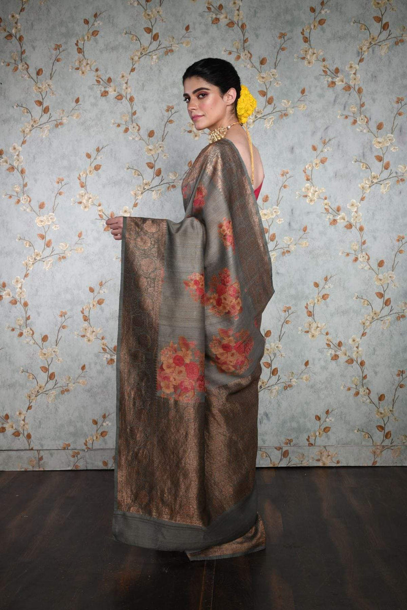 handwoven Gray Floral Printed Tussar Silk Banarasi