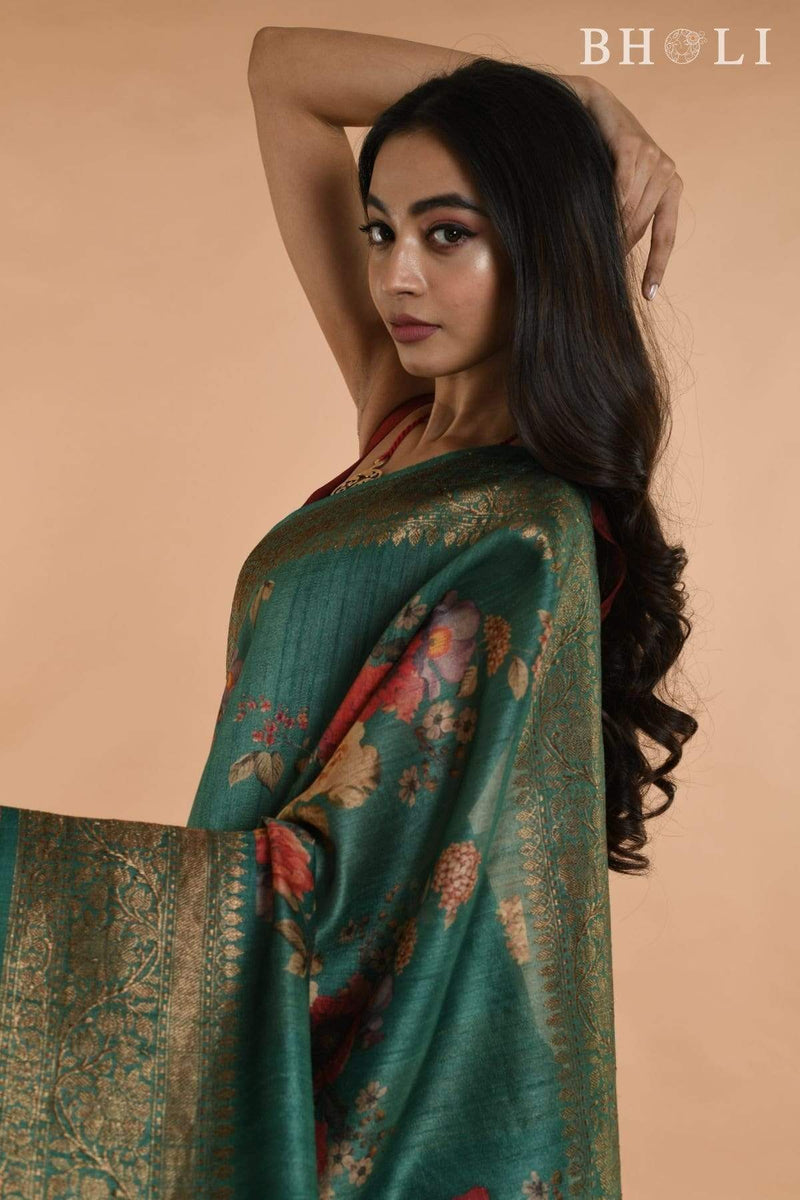 Handwoven Green floral Printed Tussar silk Banarasi