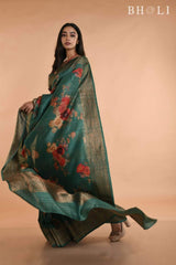 Handwoven Green floral Printed Tussar silk Banarasi