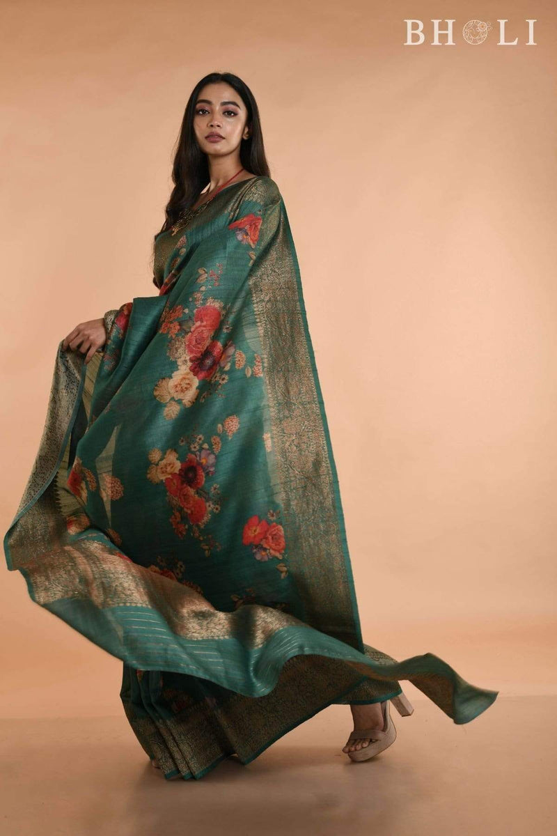Handwoven Green floral Printed Tussar silk Banarasi