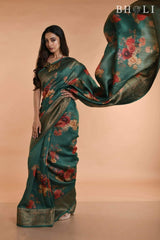Handwoven Green floral Printed Tussar silk Banarasi