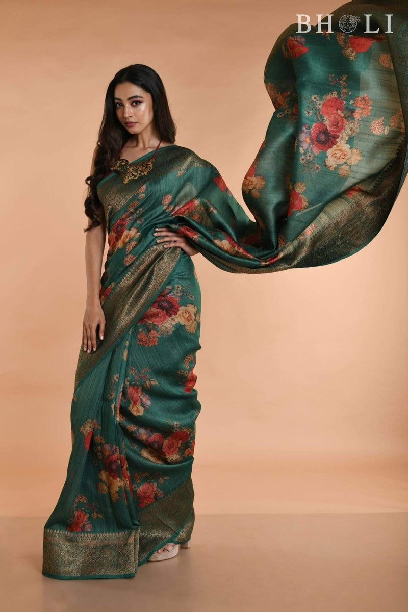Handwoven Green floral Printed Tussar silk Banarasi