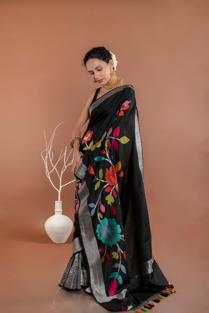 Handwoven Meenakari half Floral Jaal Tussar Georgette Banarasi saree