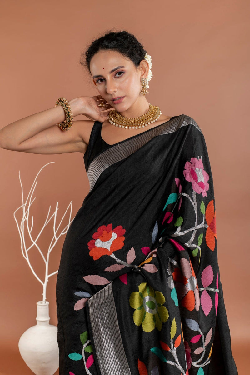 Handwoven Meenakari half Floral Jaal Tussar Georgette Banarasi saree