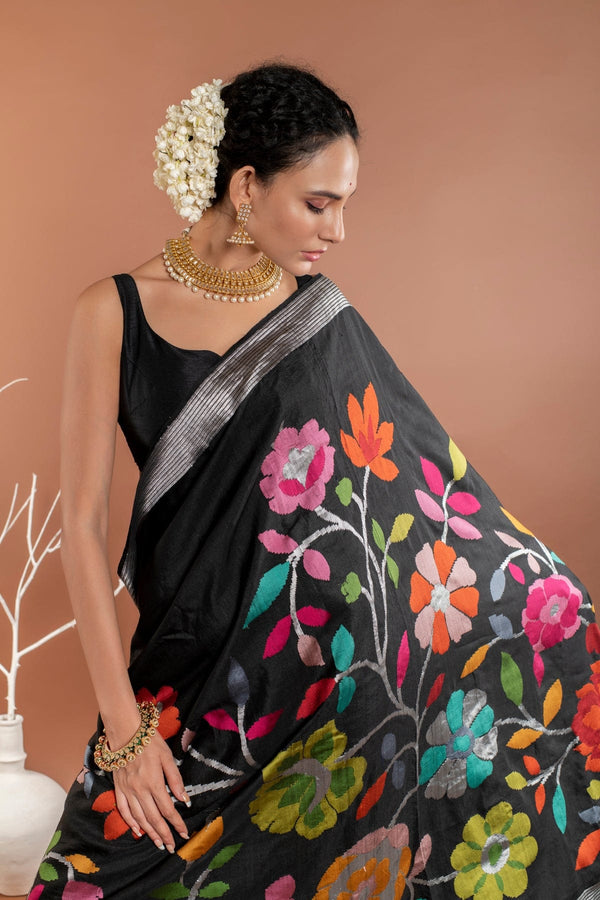 Handwoven Meenakari half Floral Jaal Tussar Georgette Banarasi saree
