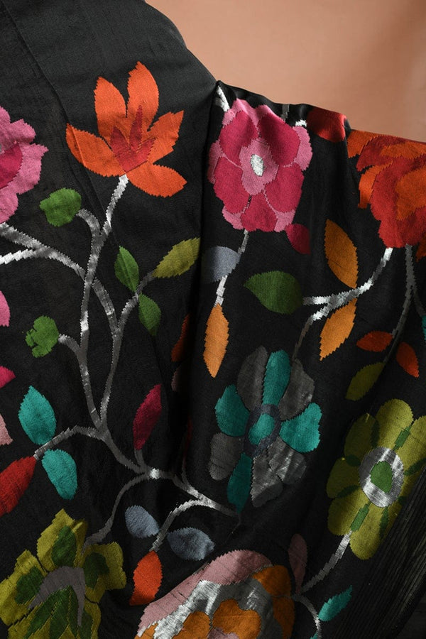 Handwoven Meenakari half Floral Jaal Tussar Georgette Banarasi saree