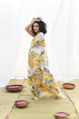 Handwoven Pure Chiffon Floral Print Ivory and yellow Saree